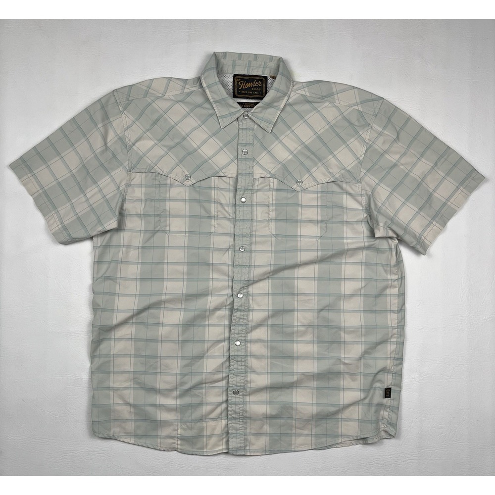 Howler Brothers Open Country Tech Shirt Mens XL Plaid Western Snap Short Sleeve